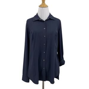 Orvis Shirt Womens S Small Navy Tab Sleeve Button Front Stretch Oversized Top